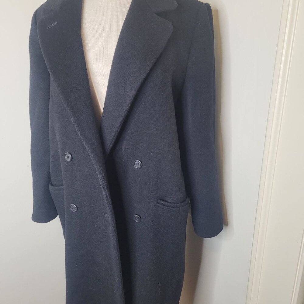 VTG J. Hook Womens Double-Breasted Wool Overcoat Satin Lining Navy Blue M L - Picture 2 of 7
